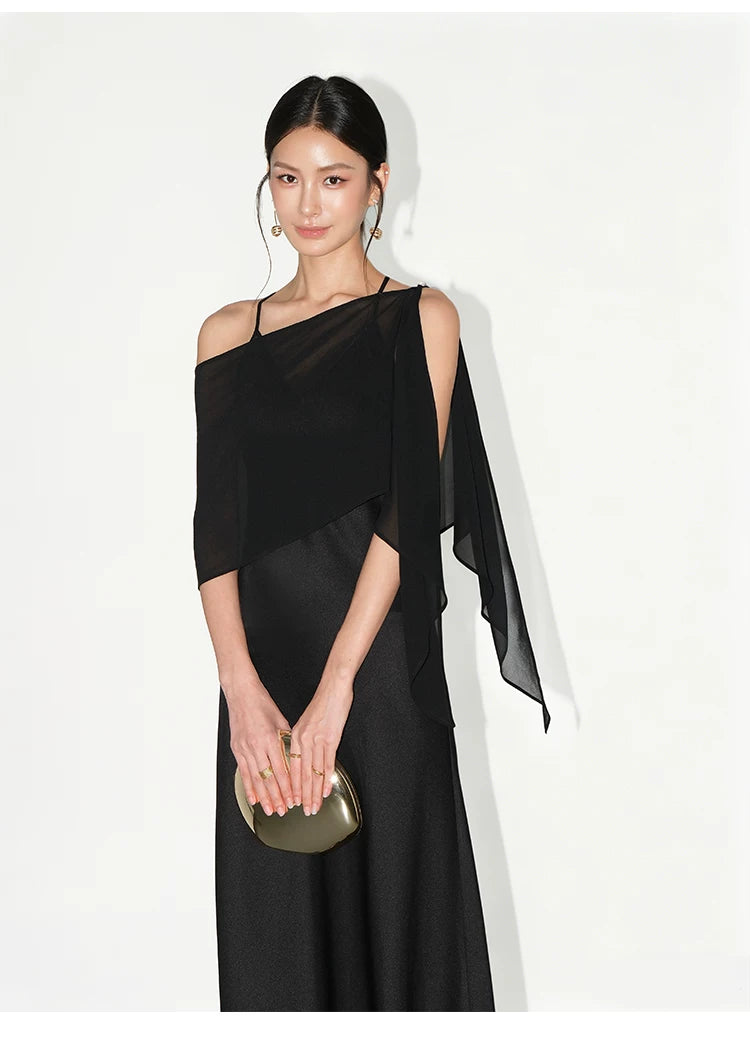 NEVA HU Satin V-neck Shawl Halter Suspender Dress