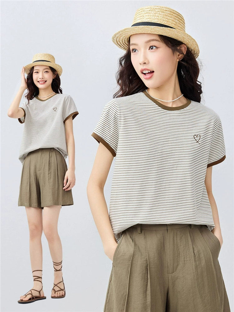 Giordano Nautical Heart Embroidery Striped Crew Neck Tee