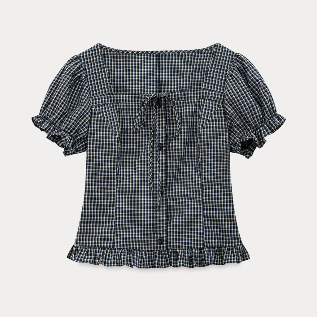 EGGKA Square Neck Tie-up Plaid Shirt