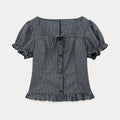 EGGKA Square Neck Tie-up Plaid Shirt