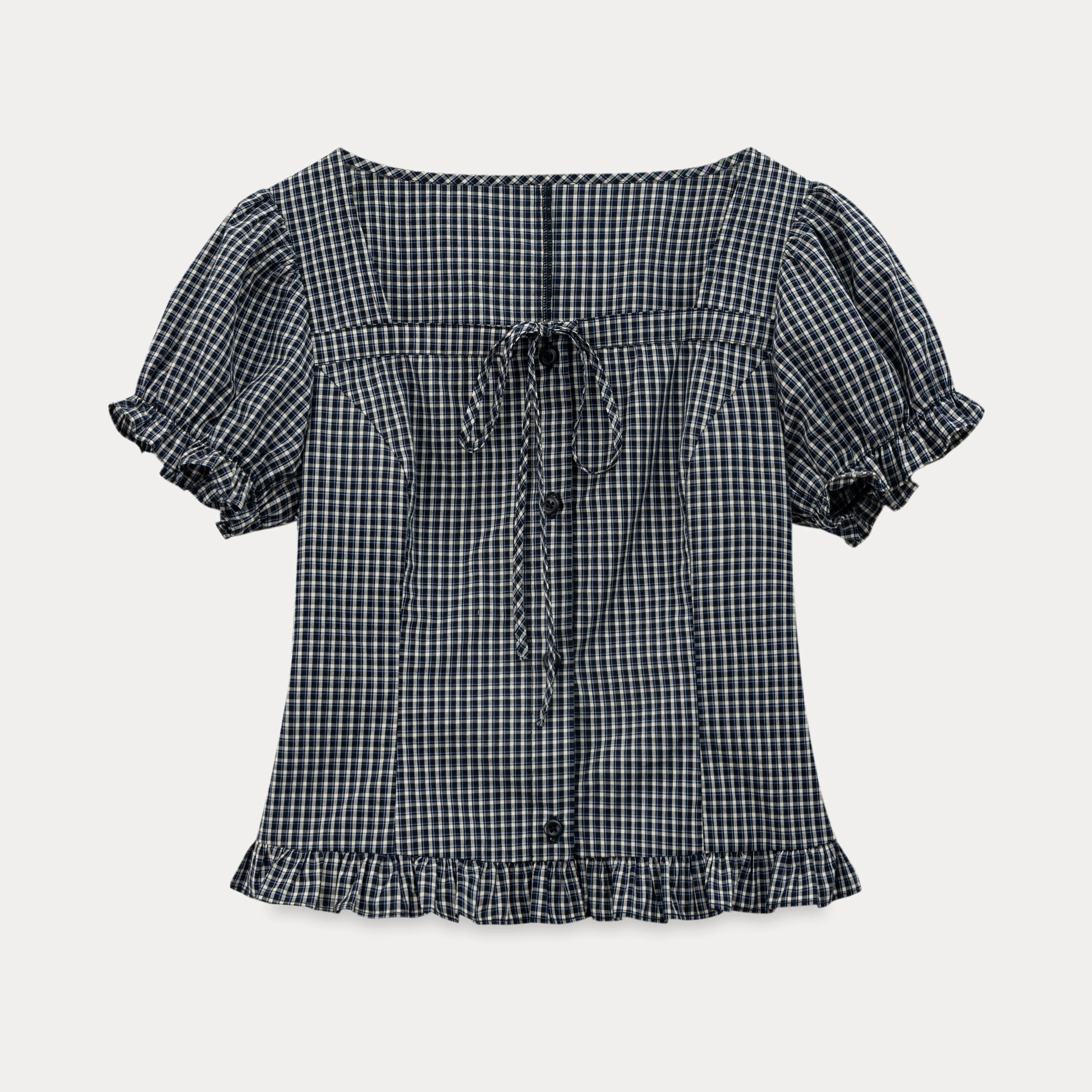 EGGKA Square Neck Tie-up Plaid Shirt