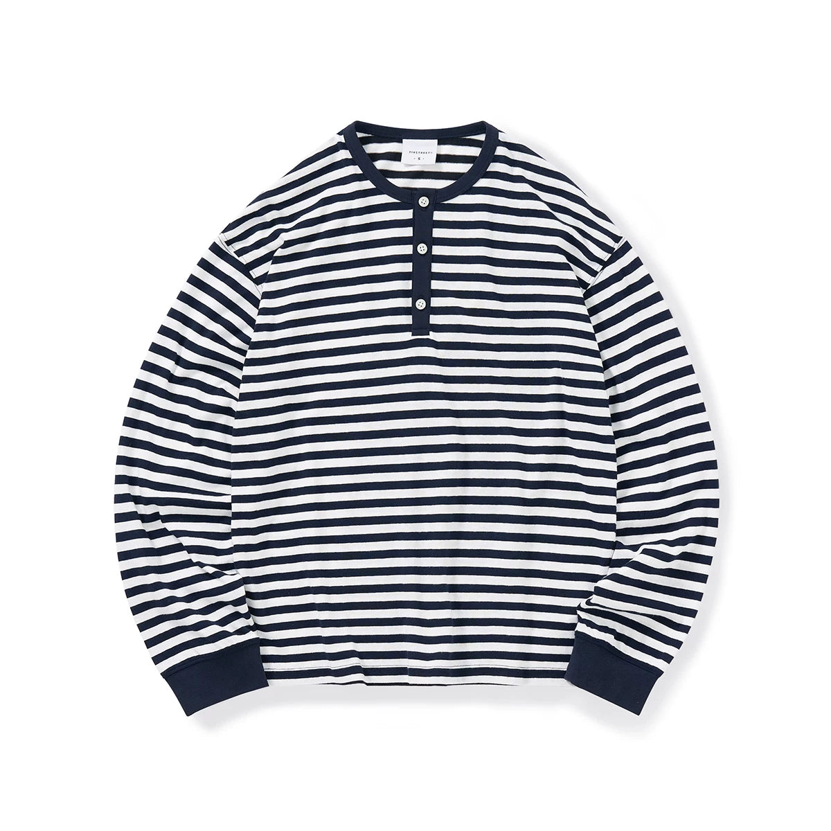 714Street Linen Blended Henry Neck  Striped Long SleeveT-Shirt