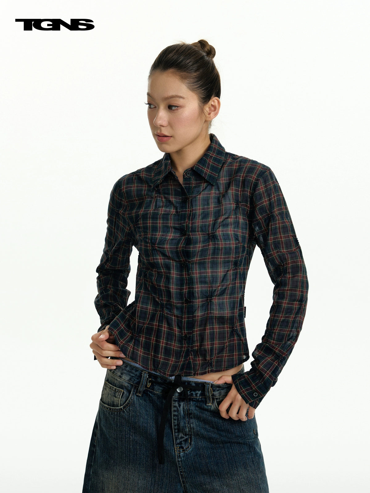 TGNS Rhombus Plaid Long-sleeved Shirt