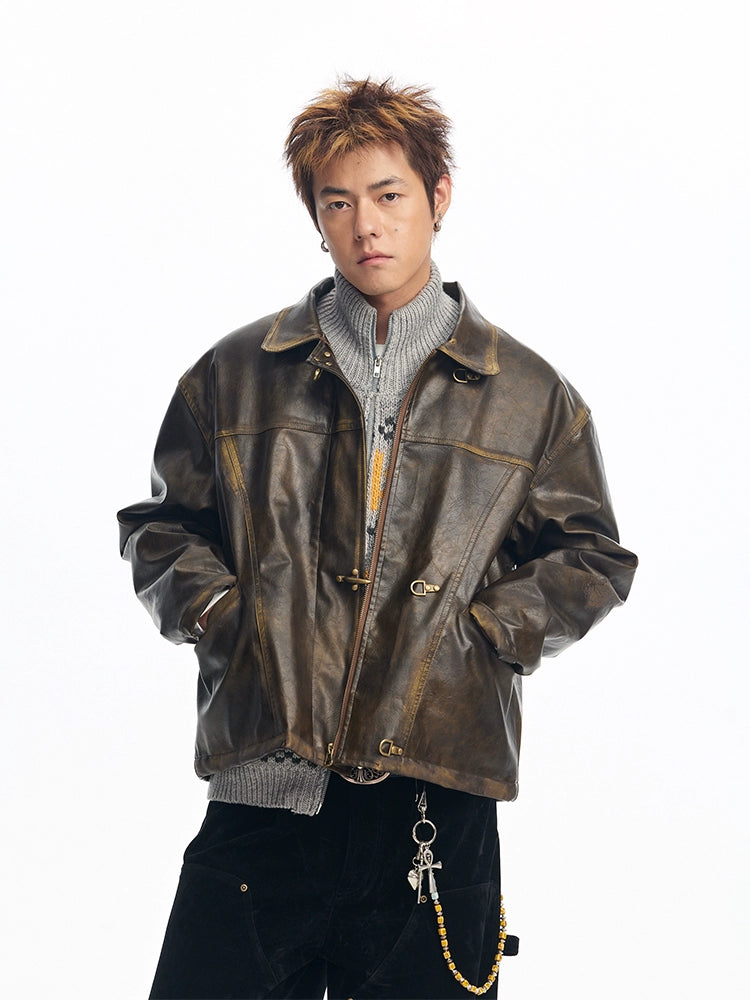 CoosRetro Vintage Vintage Plane Button Leather Jacket