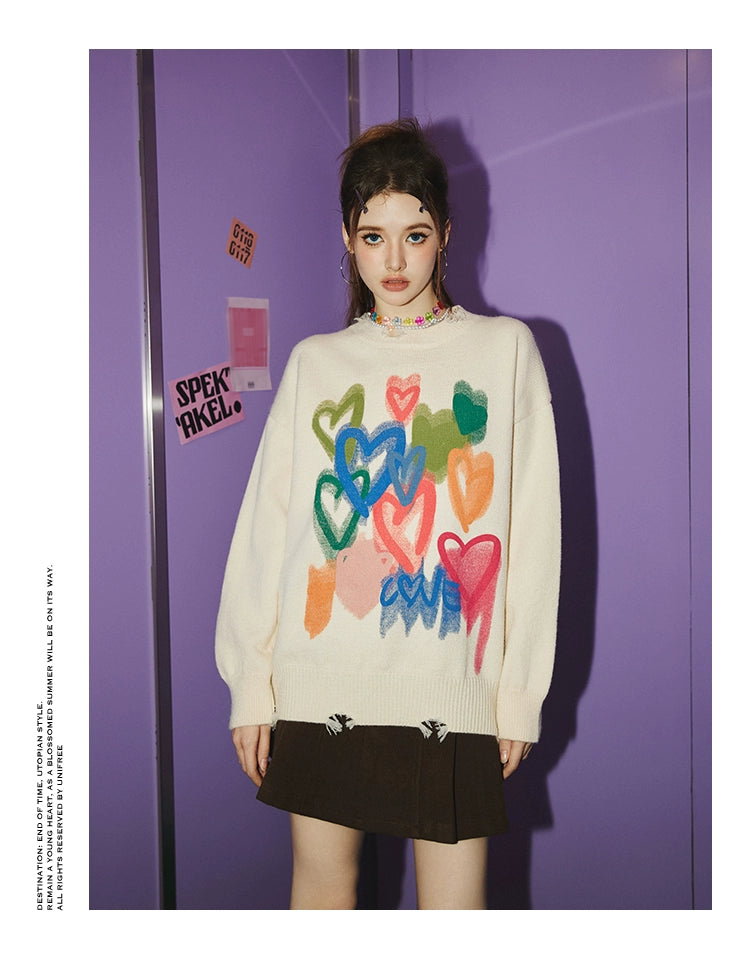 UNIFREE Lazy Style Crew Neck Thickened Ripped Knitted Sweater