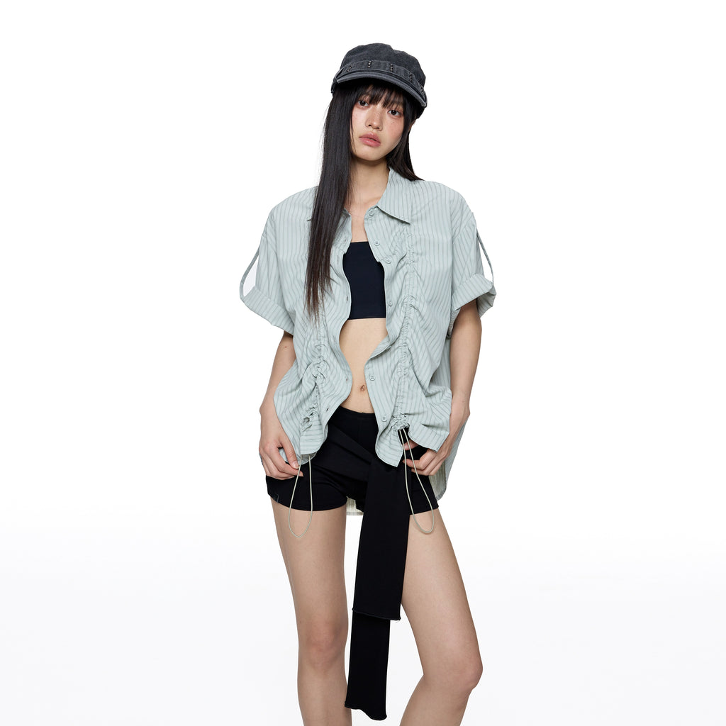 EZEK Temperament Striped Thin Front Shoulder Short Sleeve Shirt