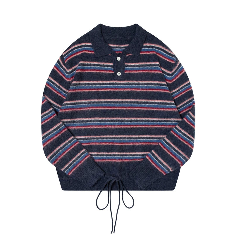 TGNS POLO Neck Drawstring Waist Striped Knitted Sweater