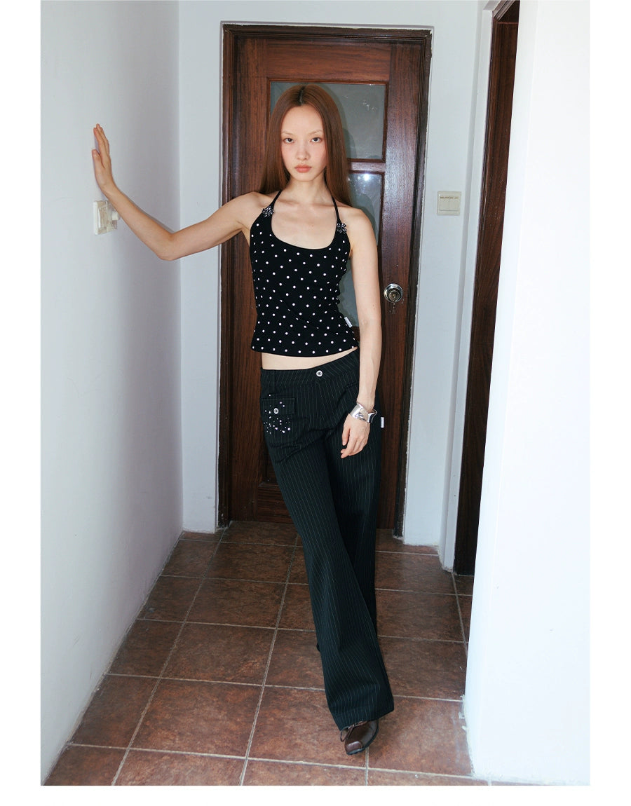 FUNKYFUN Medium and Low Waist Hot-drilled Pinstriped Flared Pants