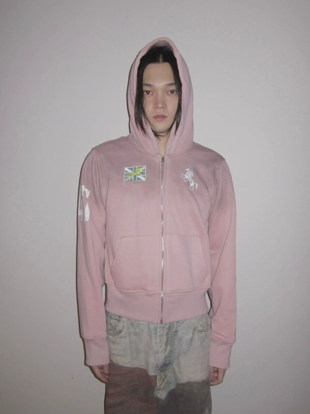 URRRGE Embroidered Cracked Print Hooded Zip-up Sweater