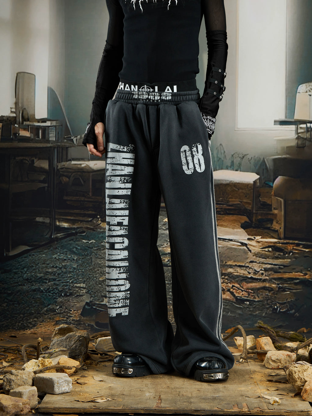 NOMANIAI Dirty Dyed Mottled Print Loose Striped Sweatpants