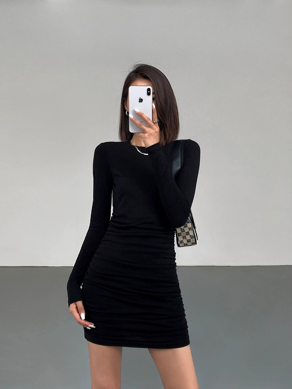 OUSPH Slim-fit Temperament Waist Long-sleeved Knitted Dress