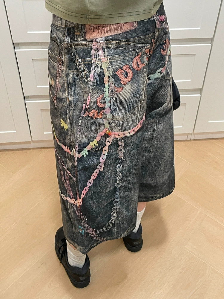 MMBBT Graffiti Print Washed Cropped Jeans