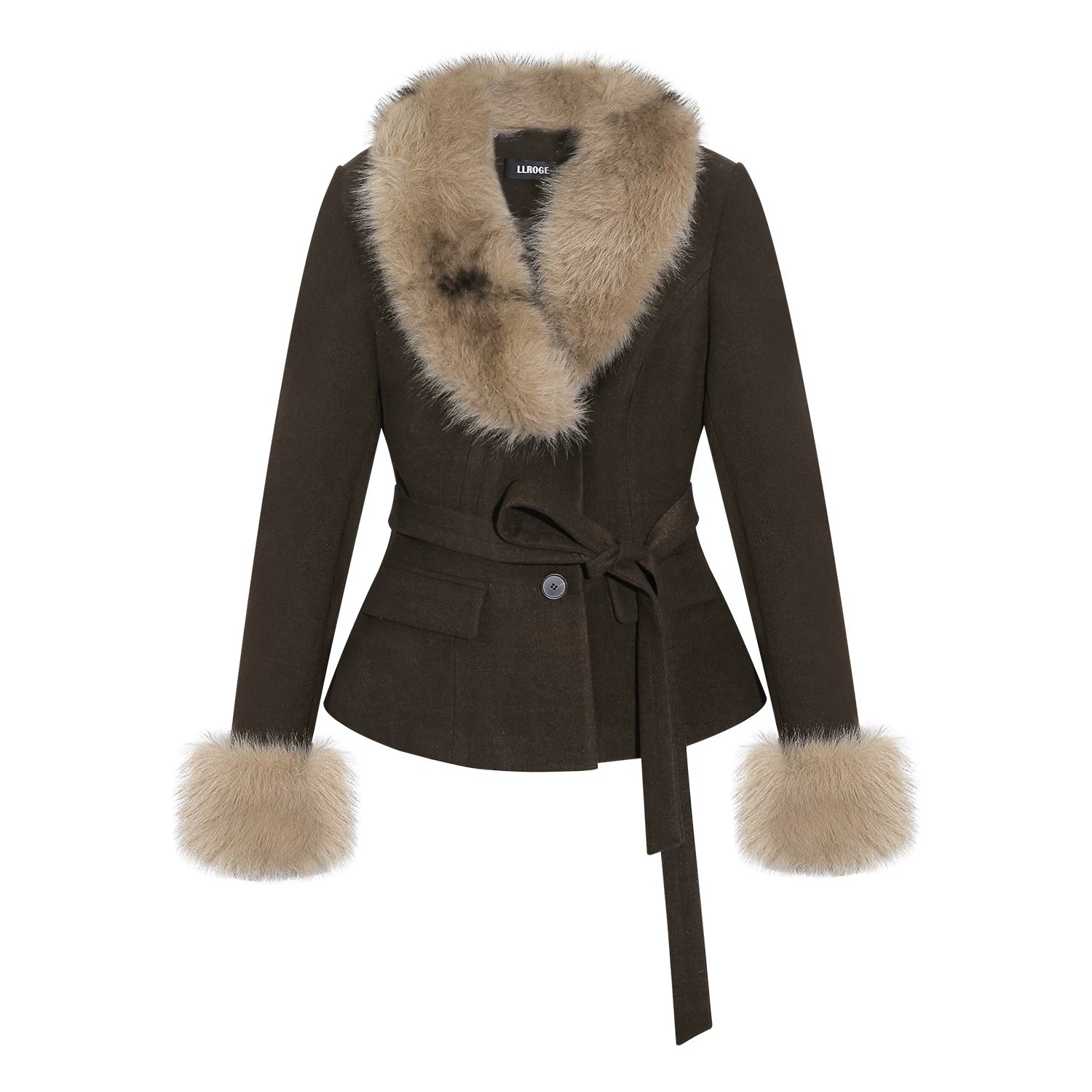 LLROGE Fur Collar Waist Woolen Jacket Skirt Set