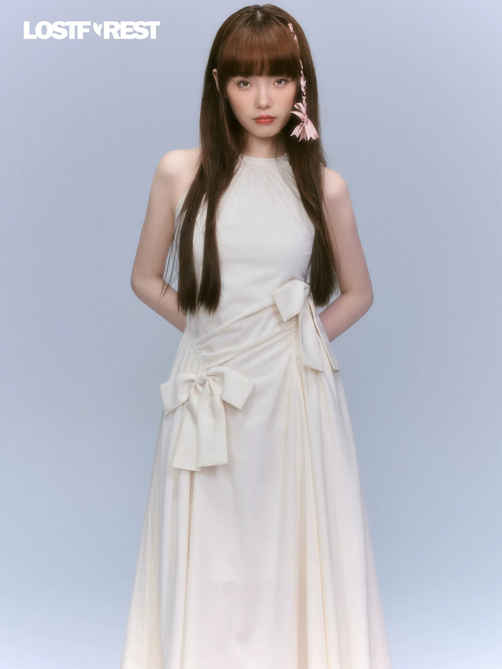 LOST FOREST Sleeveless Slim-fitting Bow Asymmetrical Dress
