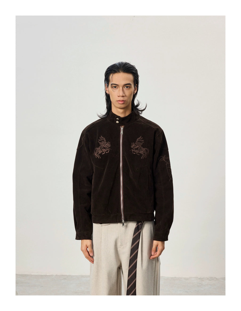 BTSG Vintage Embroidered Suede Stand-Up Jacket