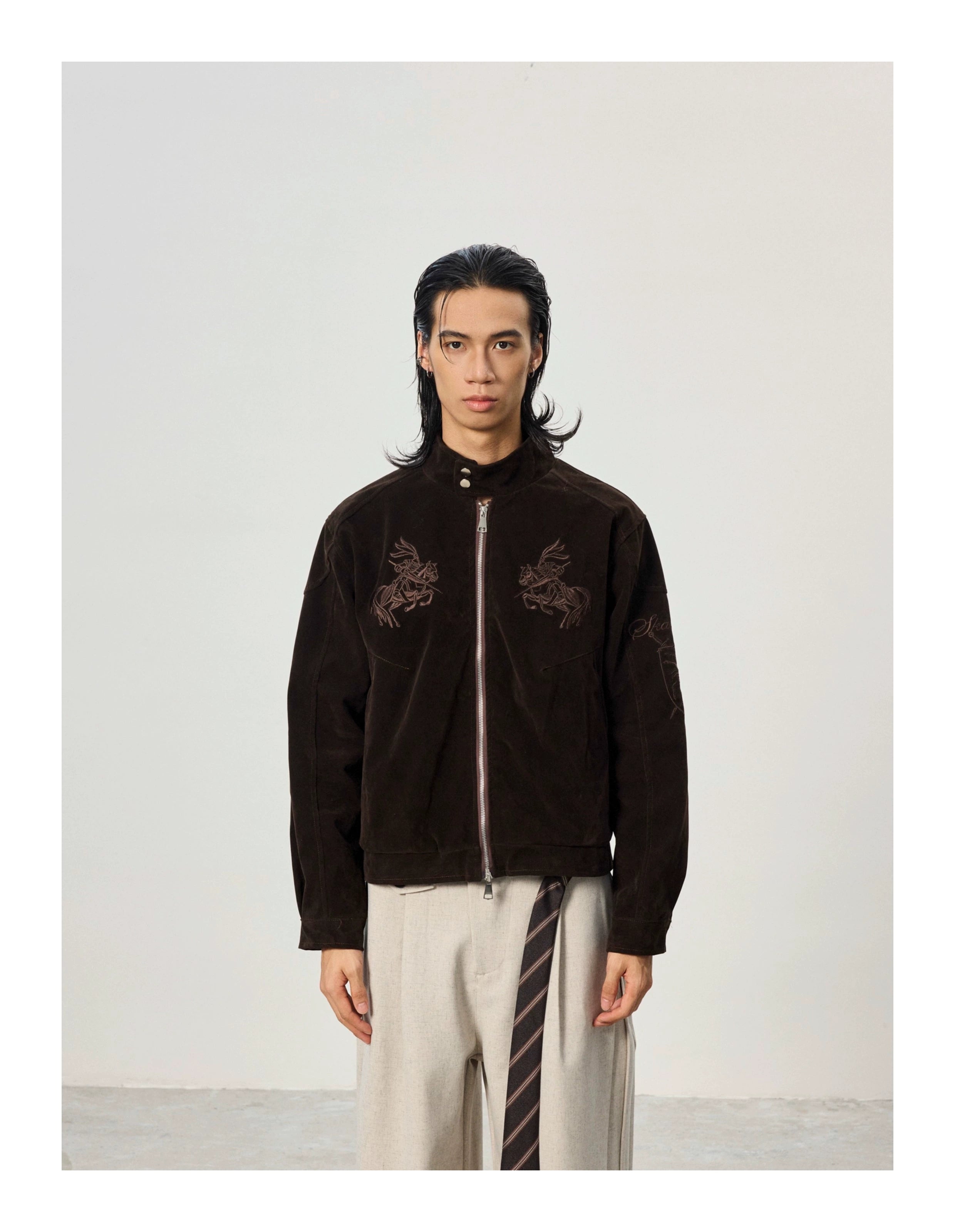 BTSG Vintage Embroidered Suede Stand-Up Jacket