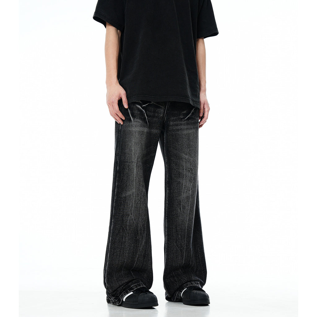 11KN Retro High Street Lightning Crack Washed Distressed Cat Whisker Loose Jeans