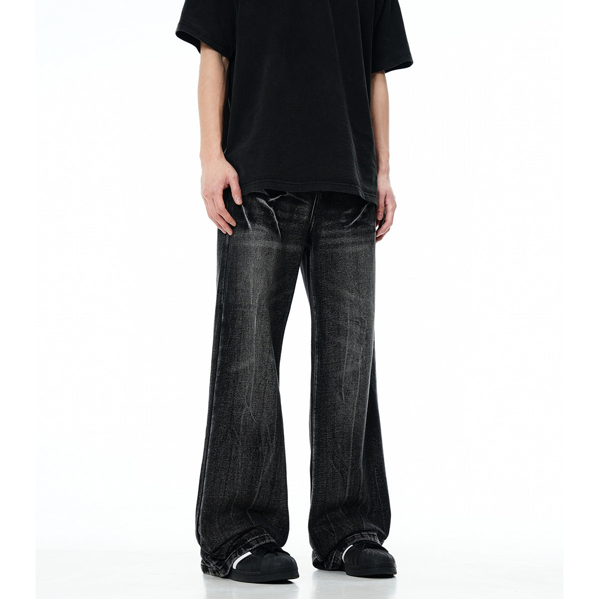 11KN Retro High Street Lightning Crack Washed Distressed Cat Whisker Loose Jeans