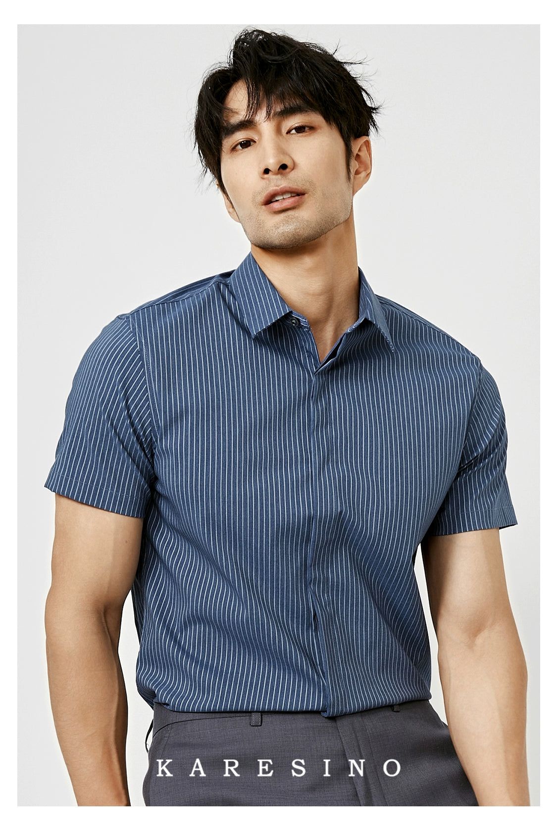 KARESINO Slim Fit Ice Silk Casual Striped Short Sleeve Shirt