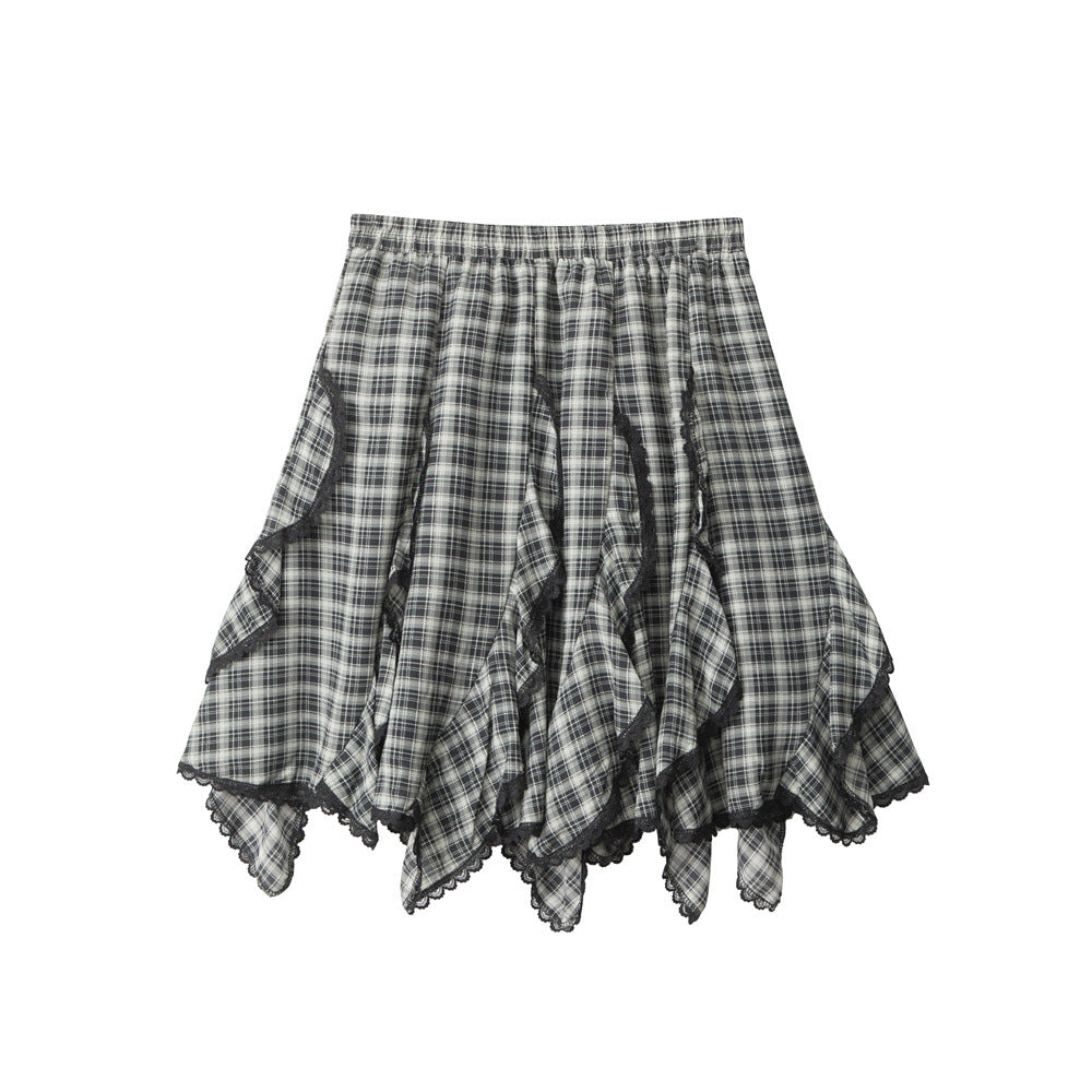 Nariele Korean Irregular Lace Plaid Skirt