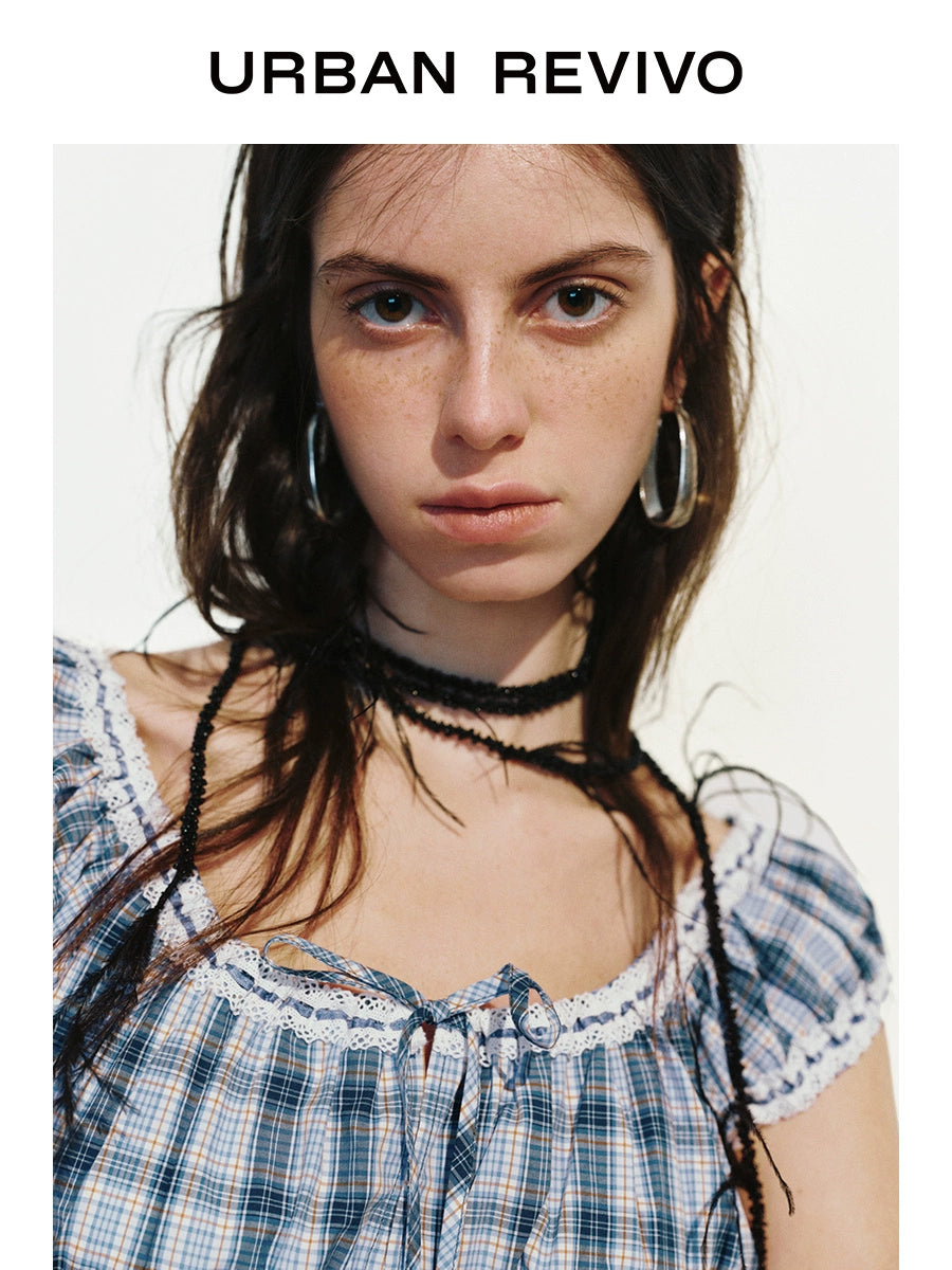 URBAN REVIVO Lace Fungus Edge Contrasting Plaid Blouse Shirt