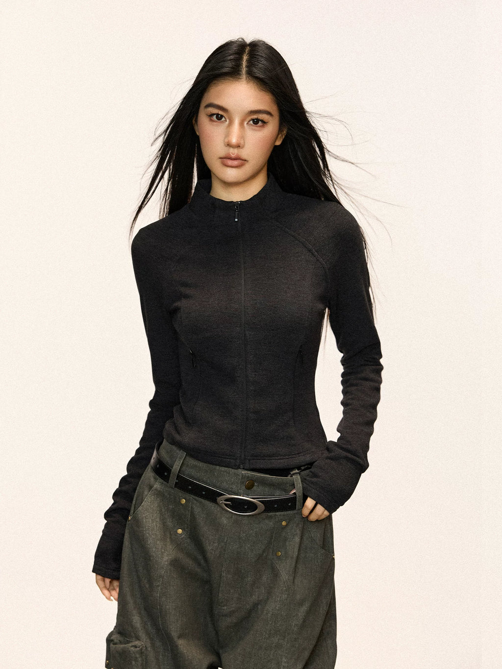 Cherry Melody Retro Stand-up Neck Zipper Sports Slim Fit Long Sleeves