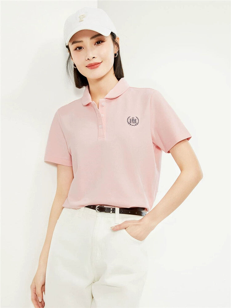 Giordano Small Embroidery Lycra Pearl Doll Collar Lapel Tee