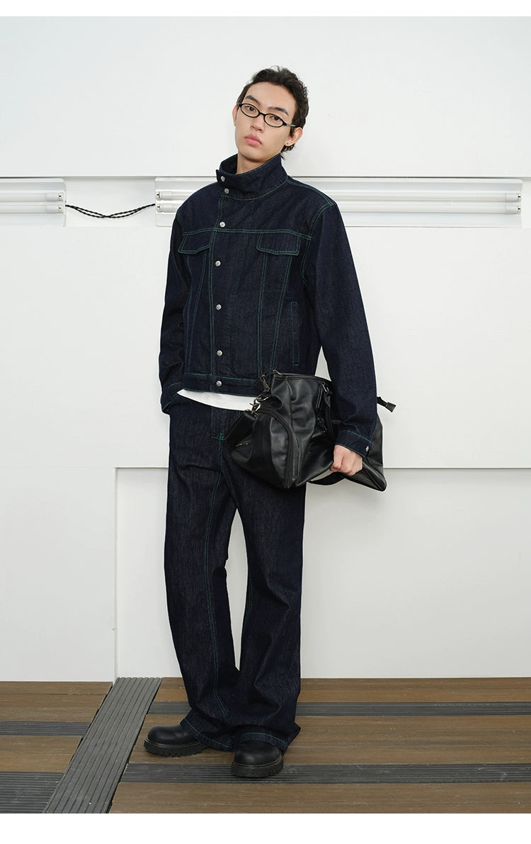 KREATE Contrasting Bright Line Diagonal Placket Stand-up Collar Denim Jacket