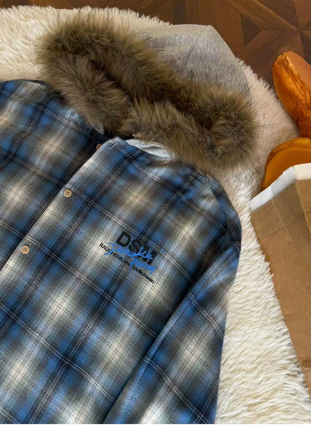DONSMOKE Checked Hooded Fur Collar Shirt