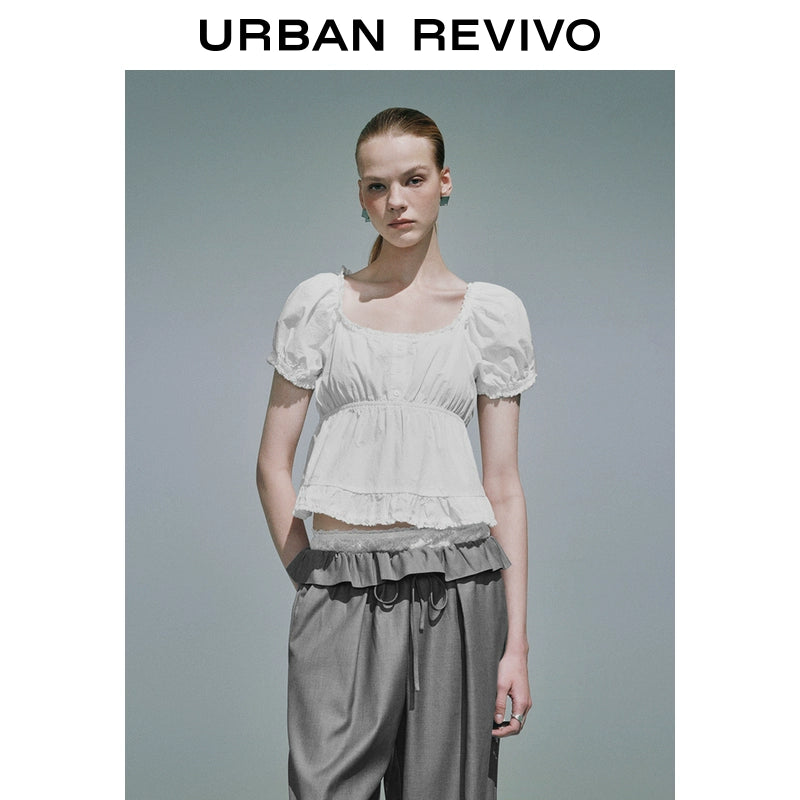 URBAN REVIVO Stitched Lace Wrap Short-sleeved Blouse Shirt