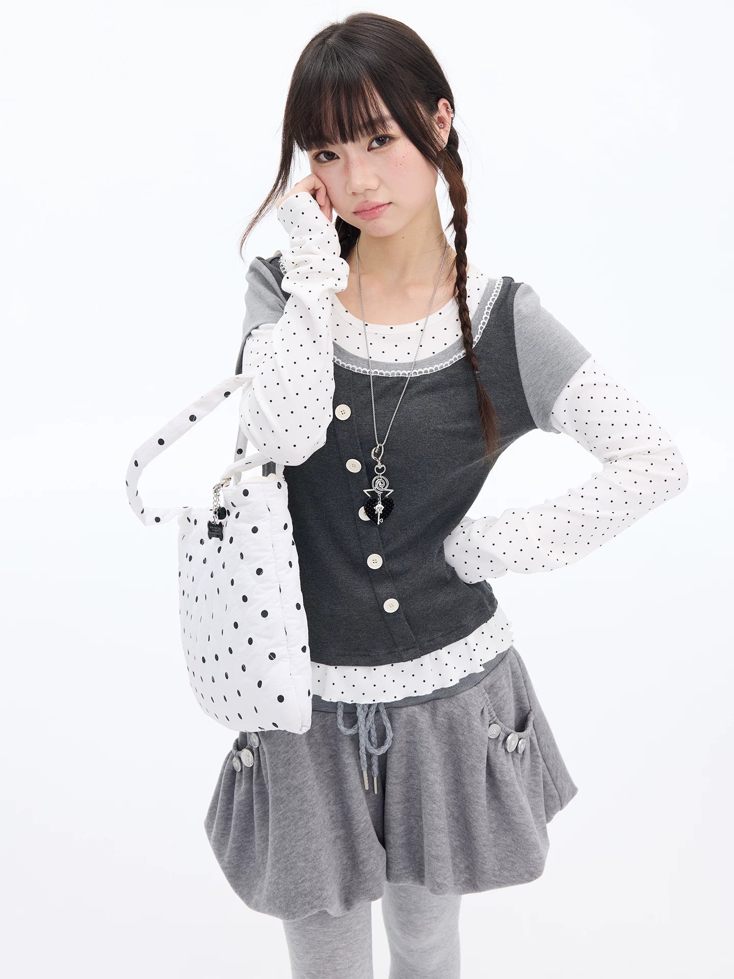 MOMSAYCAN Polka Dot Splicing Lace Slim Fit Long Sleeve