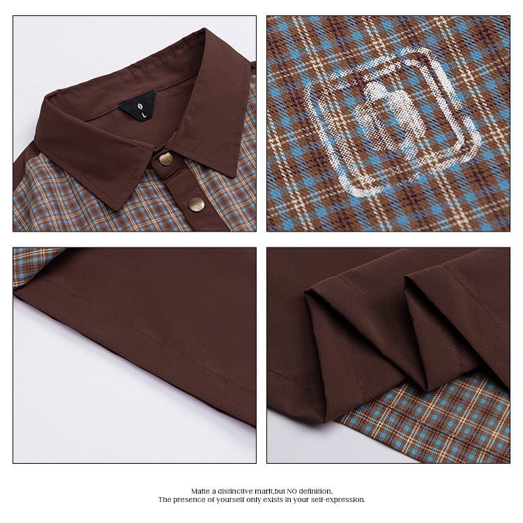 OVDY Plaid Splicing Contrasting Color Retro Polo Shirt