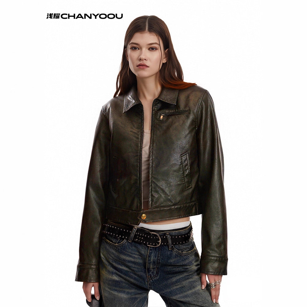 CHANYOOU Retro Lapel Short Leather Jacket
