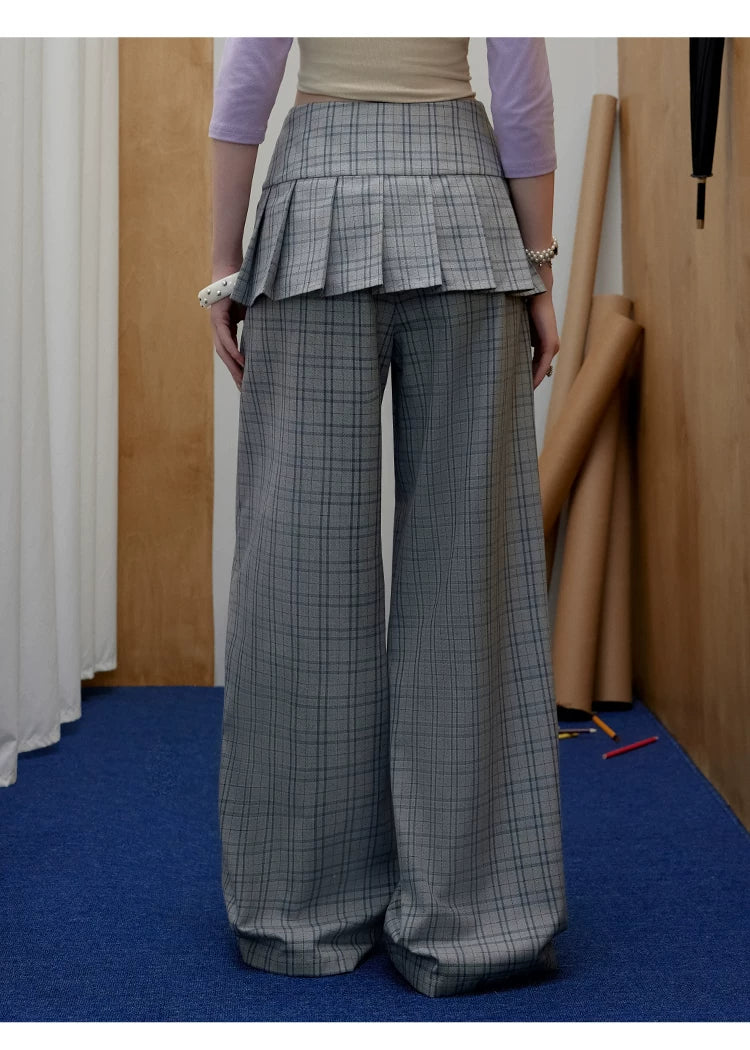 UNIFREE Plaid Straight Loose Wide Leg Skirt Fake Two-Piece Floor Pants