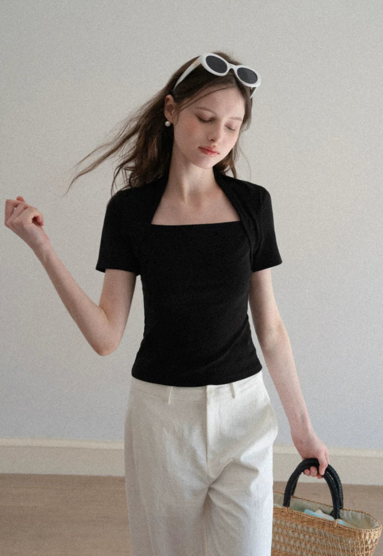 EGGKA Fake Two Pieces Slim Square Collar Slim Tee