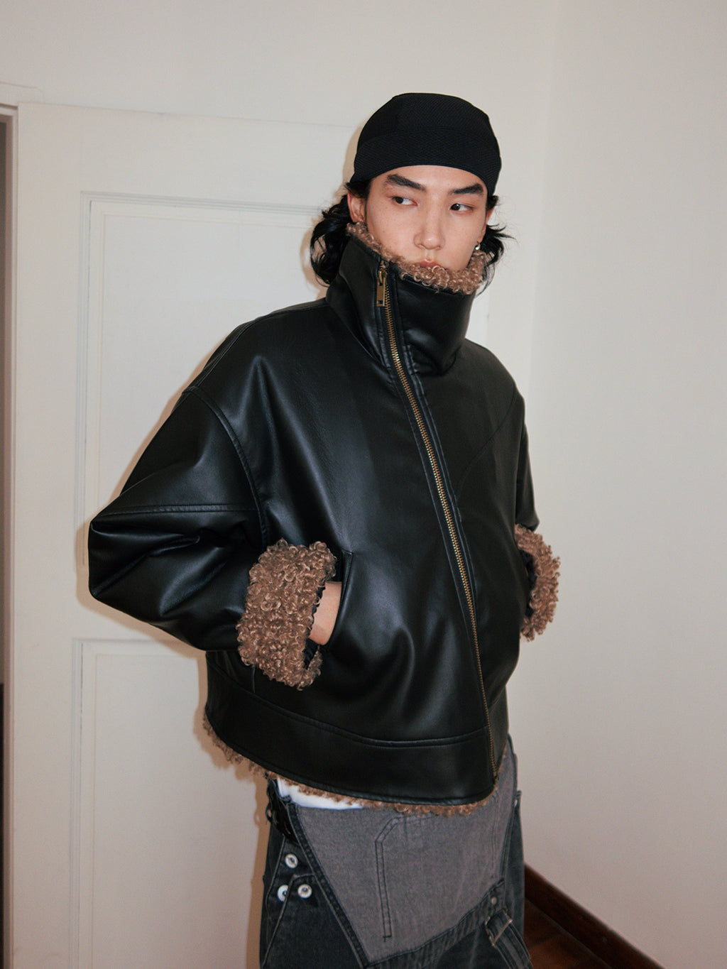 FUNKYFUN Leather Contrasting Spliced Cotton Jacket