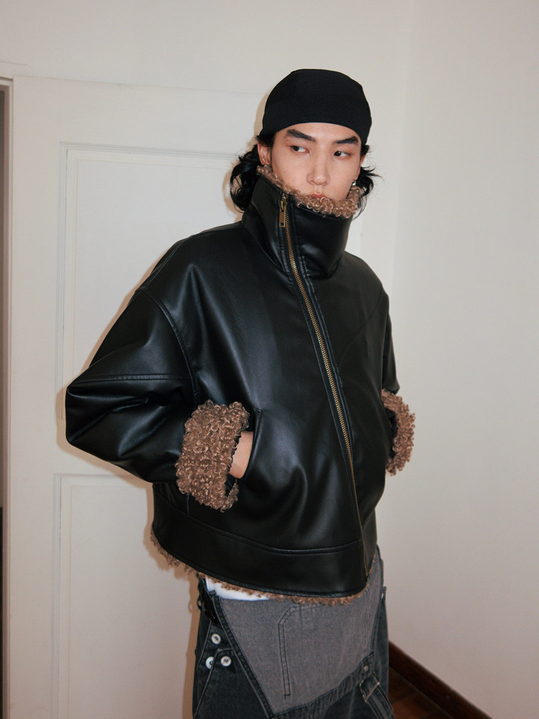 FUNKYFUN Leather Contrasting Spliced Cotton Jacket