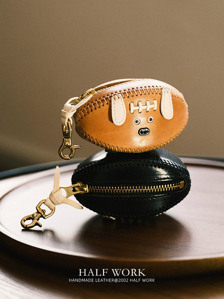 HALF WORK first layer cowhide key bag, genuine leather retro handmade football bag, earphone bag, key bag.