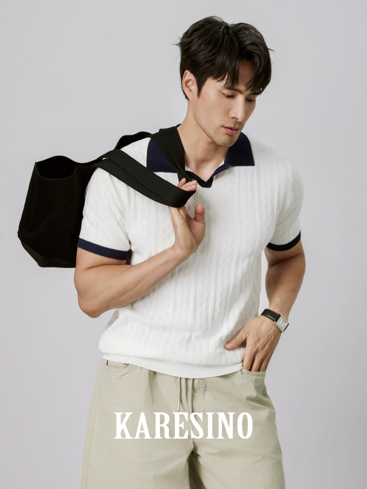 KARESINO Jacquard V-neck Contrasting Splicing Polo Shirt