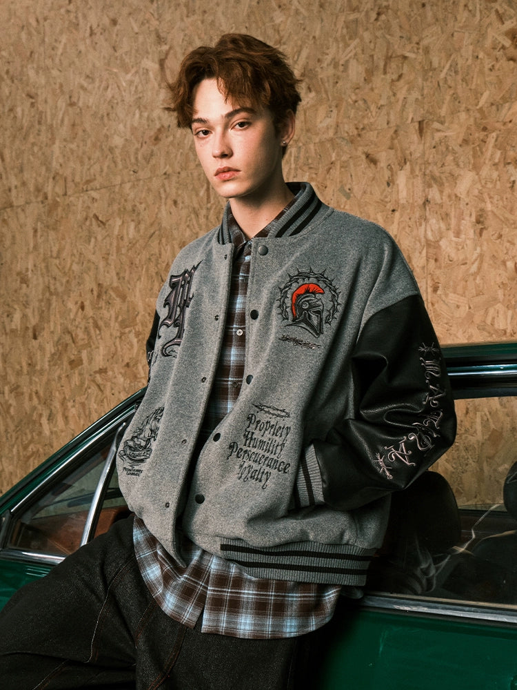 MATCHA STORY Leather Embroidered Baseball Jacket