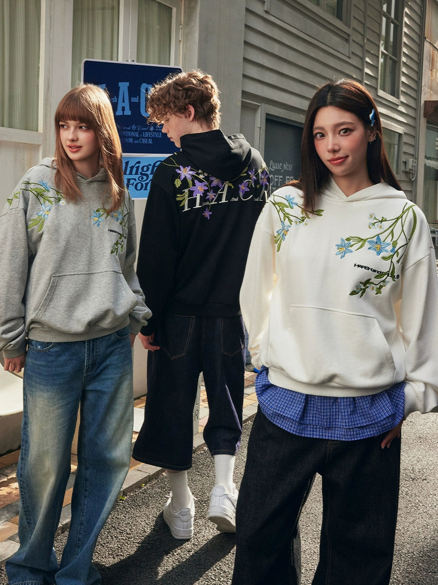 HACR Violet Flower Embroidered Hooded Sweater