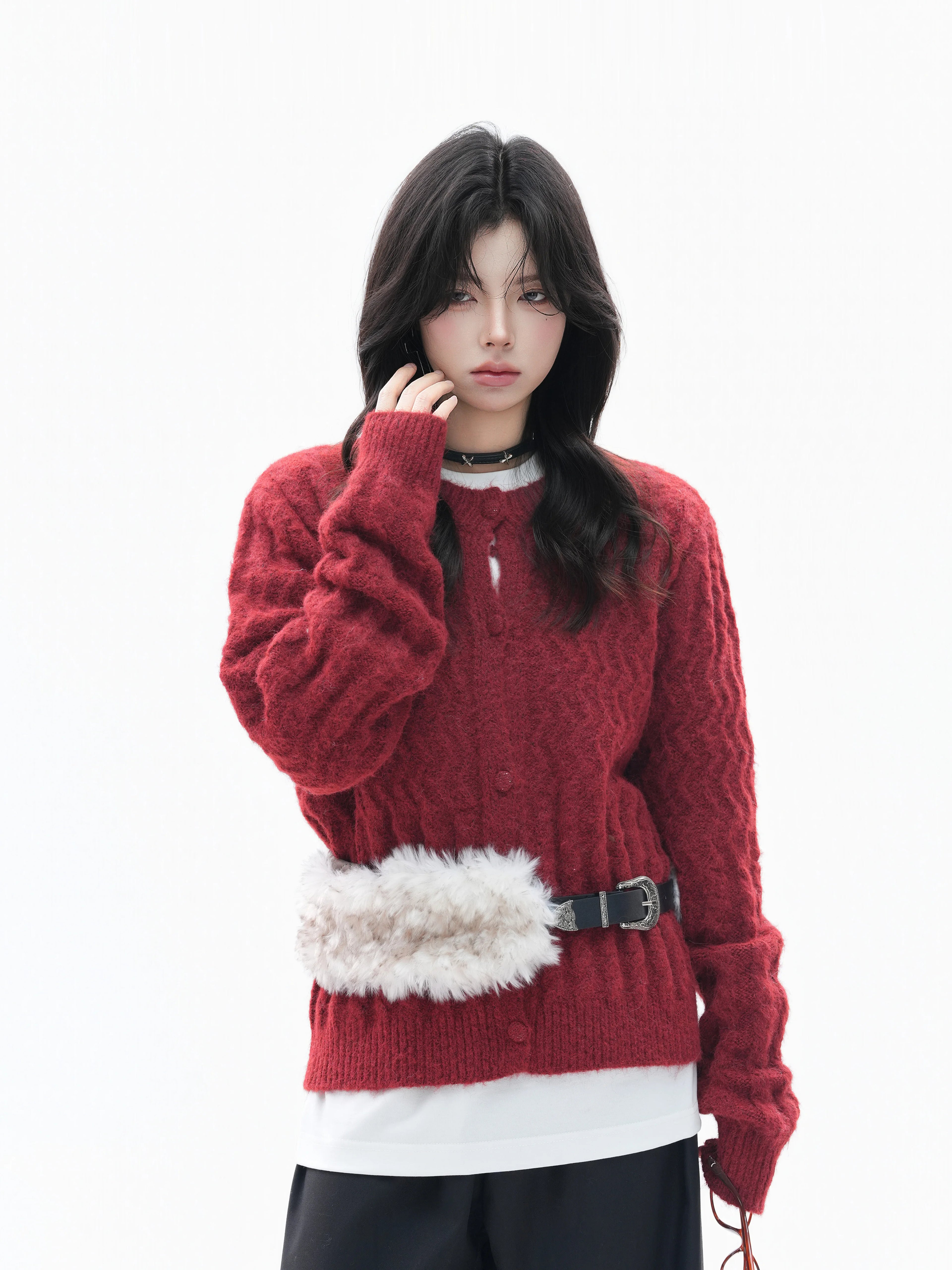 Zuocisankon Detachable Fur Collar Twist Knitted Cardigan Sweater