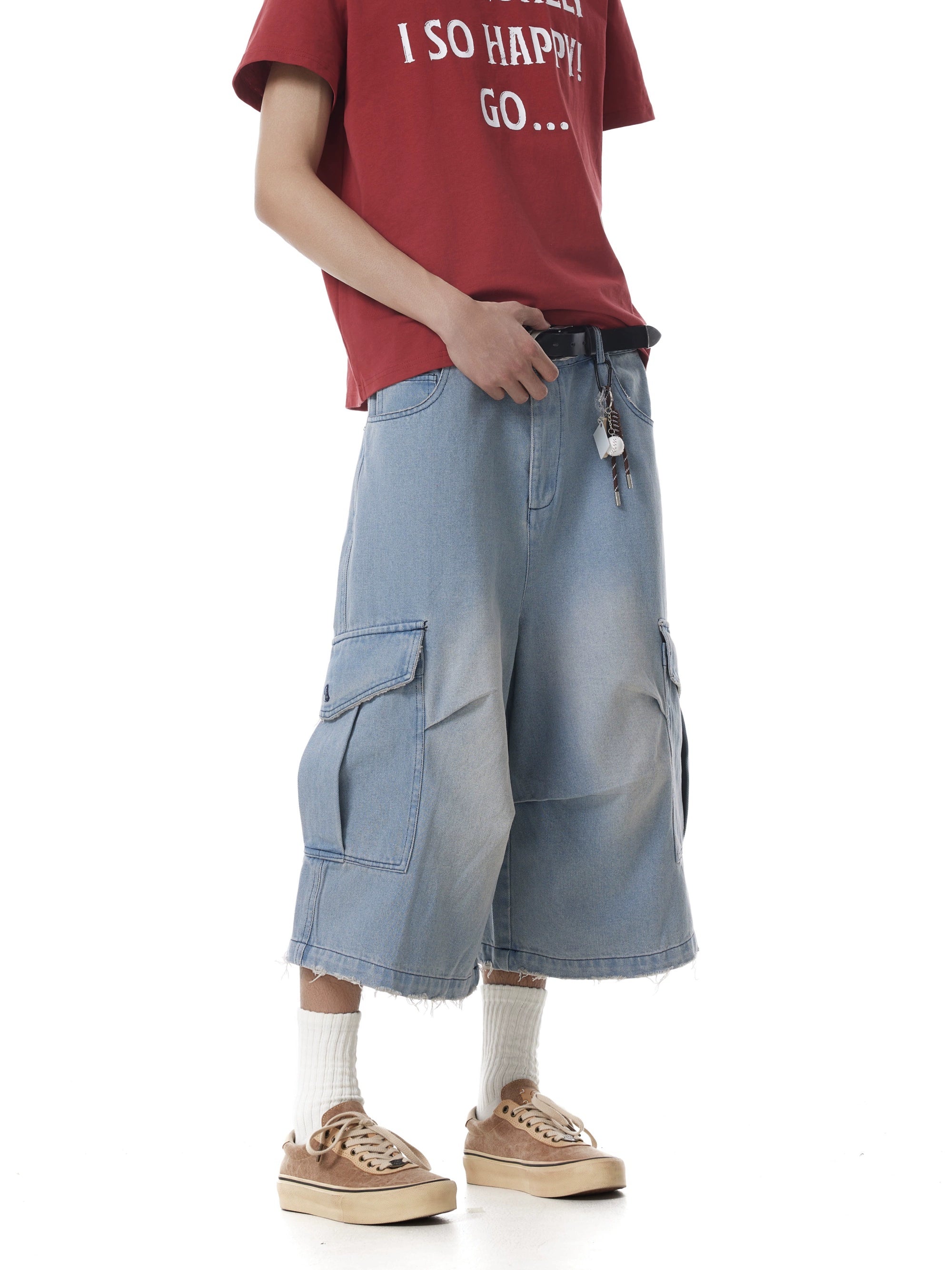 BTSG Premium Sense Natural Washed Pleated Denim Shorts