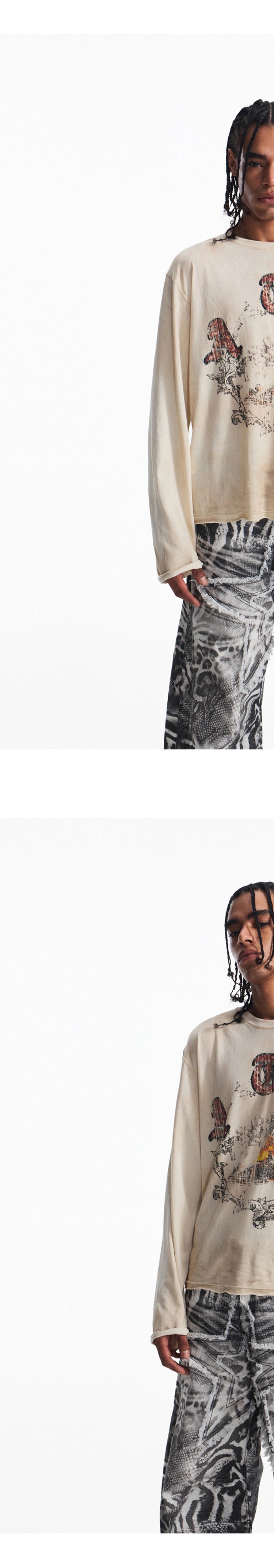 PEOPLESENSE Vintage Old Printed Loose Crew Neck Long Sleeves