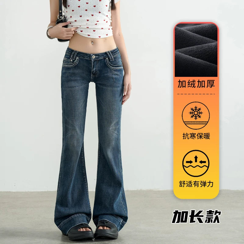 TGXQ Fleece Retro Elastic Ultra-low Waist Micro-pull Jeans