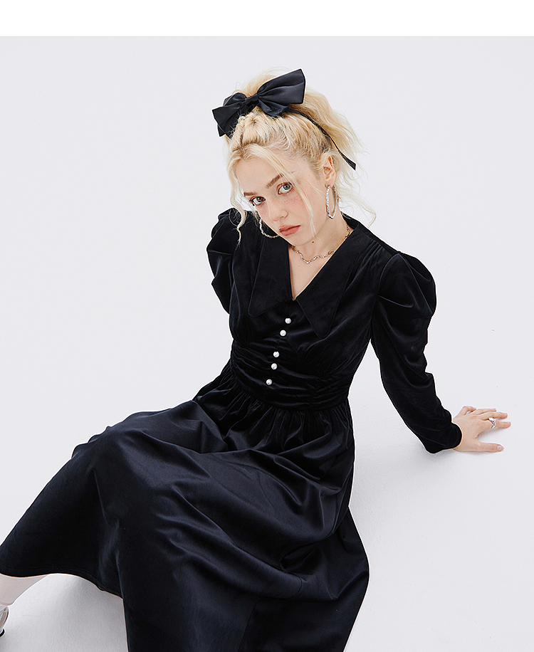 IMONE Vintage Velvet V-Neck Waist Long Sleeve Dress
