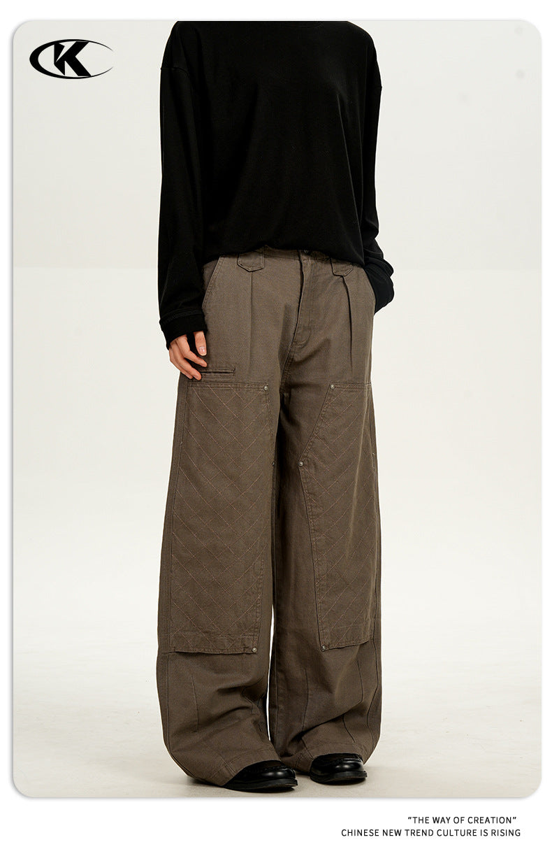11KN Retro Straight Rivet Spliced Pleated Casual Pants