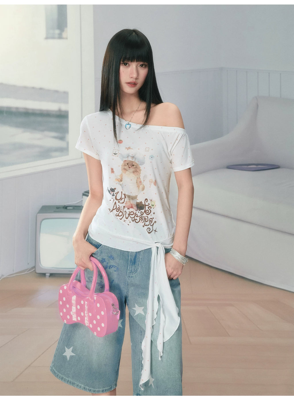 Ablueberry Cat Polka Dot Slanted Shoulder Tee