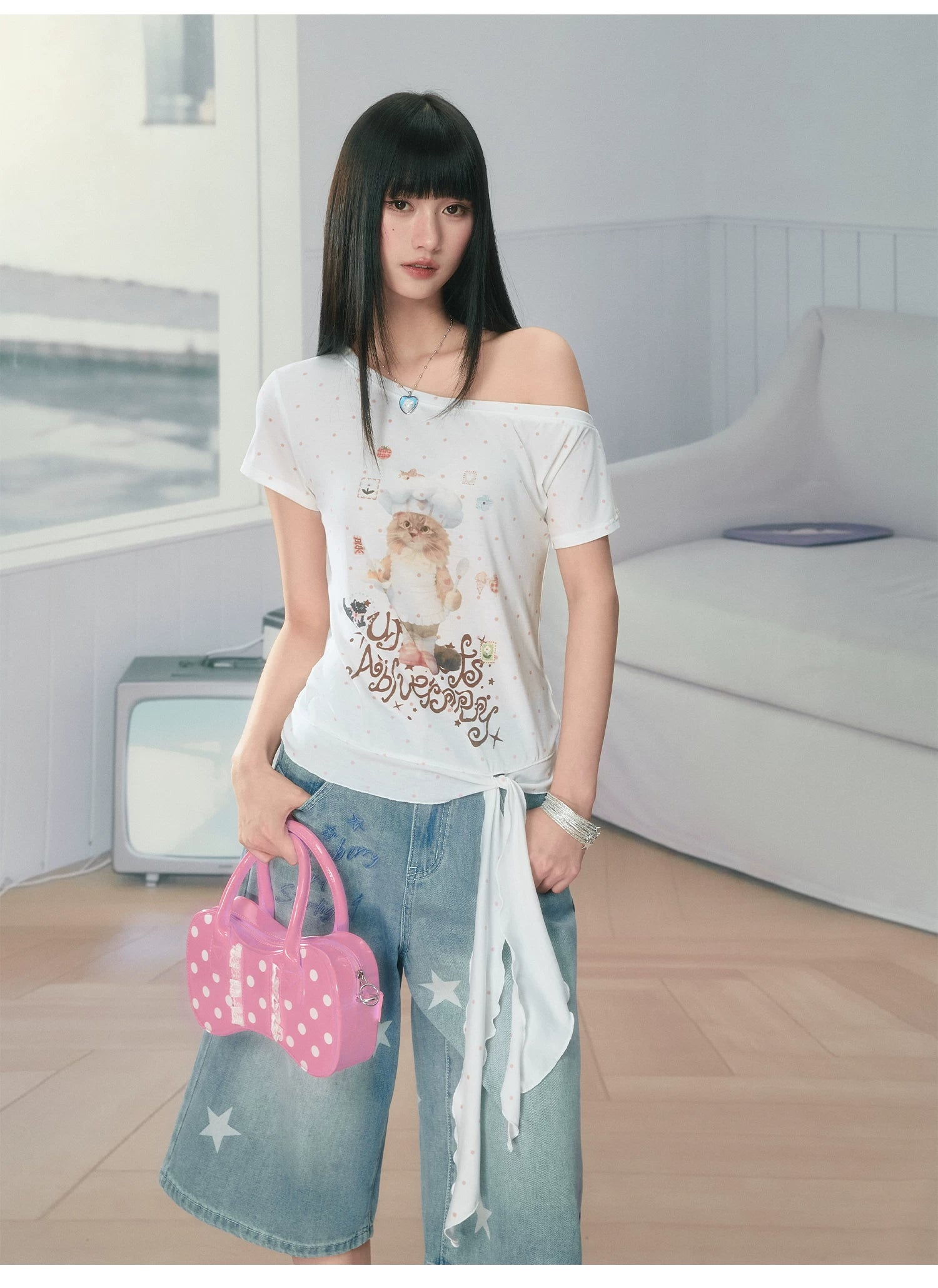 Ablueberry Cat Polka Dot Slanted Shoulder Tee