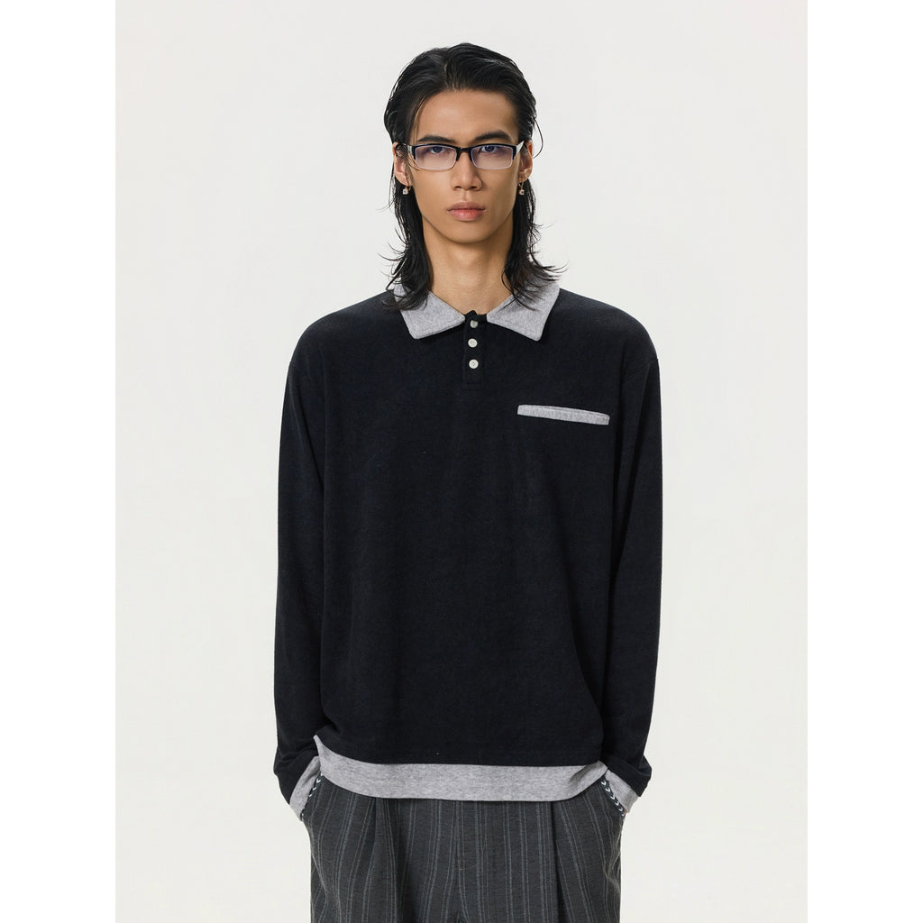 BTSG Splicing Contrasting Color Towel Fabric Fake Two-piece POLO Shirt